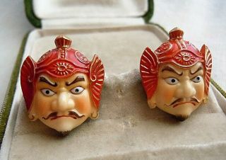 Vintage Toshikane Japan Porcelain Warrior God Bishamonten,  Pierced Earrings