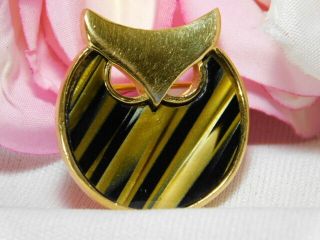 Vintage Gold Crown Trifari Black Gold Enamel Owl Brooch Pin