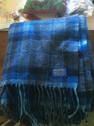 Vtg Pendleton Wool Blanket Throw Blue Plaid Fringed 60 X 80 Wool