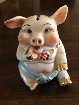 Vintage Ceramic Piggy Bank Baby Pig In Diaper With Gold Hooves Pat Pend 5 " Tall