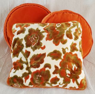 Vintage Velvet Pillow Set Of 3 Orange,  Olive Cream Fall Colors Piped Edging