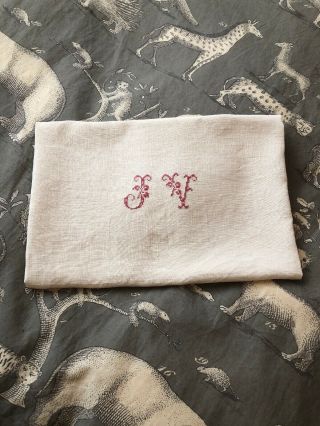 Vintage French Fine Linen Hand Guest Towel J V Embroidered Monogram Tea Towel