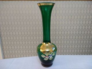 Vintage Emerald Green Gold Gilt Art Glass Murano Flower Vase