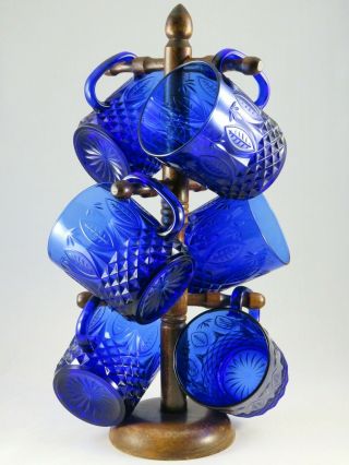 Vtg Set 6 Royal Sapphire Cobalt Blue Glass Mugs W/ Tree Stand Arcoroc Avon
