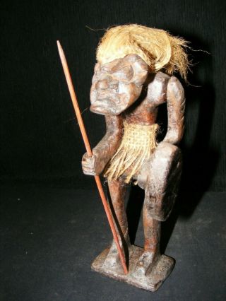 Vintage 8 " Hand Carved Wood Tribal Warrior Head Hunter W/ Spear & Jute Hair