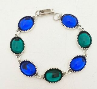 Vintage - Czech Royal Bristol Blue & Green Glass Small Oval Cabochon Bracelet