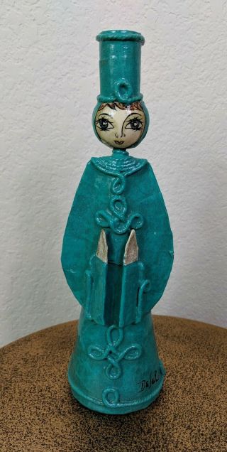 Vintage De Sela Candle Holder Paper Mache Folk Art Mexico Angel Turquoise Signed