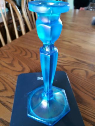 Iridescent Celeste Blue Glass Candlestick Holders Vintage Carnival