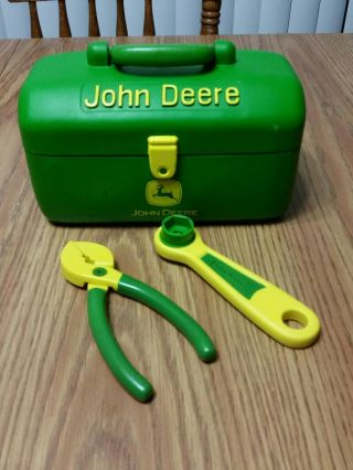 Vintage Ertl John Deere Kids Tool Box With 2 Tools Wrench And Pilers