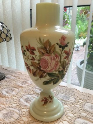 Vintage Romantic Pink Rose Enamel Painted Art Glass Opaque Large Vase