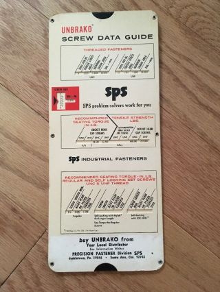 Vintage Tool 1969 Unbrako Screw Data Guide Slide Rule Chart Jenkintown Pa Sps