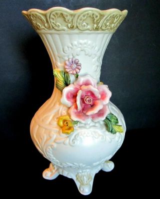 Vintage Capodimonte Embossed White Porcelain,  Pink Roses Large Vase