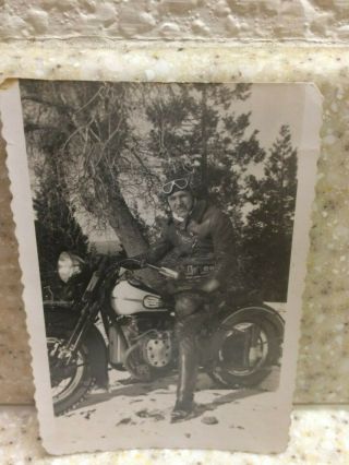 Rare Vintage Snapshot Photo 1944 Harley - Davidson Motorcycle Rider In Leather