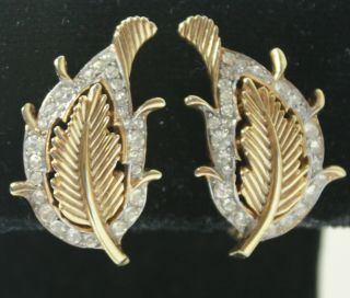 Vintage Crown Trifari Signed Clear Rhinestone Gold Tone Leaf Earrings Clip - On