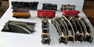 Vintage Marx Tin Wind - Up Train Set Engine - 5 Cars - Track - Switch Track