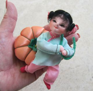 Tiny 4.  5 " Vintage Cloth Chinese Girl Doll With Pumpkin