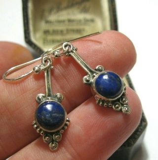 Vintage Art Nouveau Style Solid Sterling Silver Lapis Lazuli Stone Drop Earrings