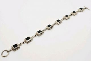 Elegant Vintage Signed 925 Sterling Silver Black Onyx Inlay Modernist Bracelet 4