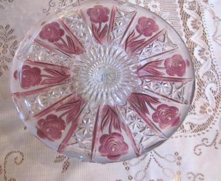Vintage Clear Crystal Cake Plate Stand Pedestal Pink Flowers Stunning