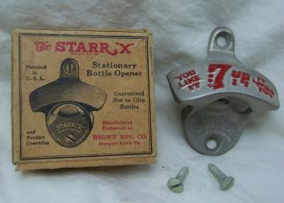 Vintage 7 - Up Starr X Cast Iron Wall Mount Bottle Opener Nos W/ Box