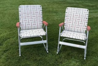 Two 2 Vintage Aluminum Lawn Chair Webbed Rocker Picnic Camping Deck Rocking C01
