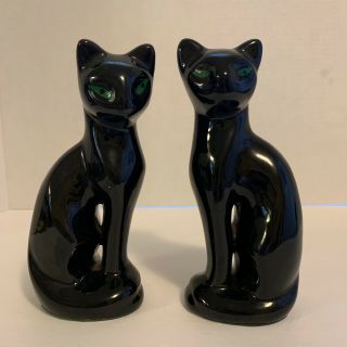 VTG Pair Artmark Black Siamese Cat Green Eyes Ceramic Figure Made In Taiwan 2