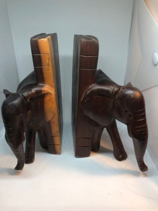 Wooden Book Ends Elephants Hand Carved Vintage Small 6 " Tall