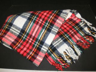 Vintage Wool Tartan Plaid Multicolor Blanket Throw Lap Blanket W/ Fringe 56x55