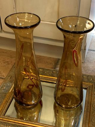 Vintage Art Glass Amber Brown Red Swirl Hand Blown 11.  25 " Pair Set 2 Vases