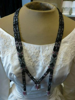Antique Vintage 1920s Flapper Style Art Deco Beaded Necklace,  Black Pink Grey