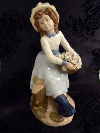 Huge Vintage Porcelain Nadal Country Girl Sitting Figurine Signed Retired