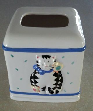 Coco Dowley Vintage Kitty Cat With Bird Ceramic Tissue Box Holder