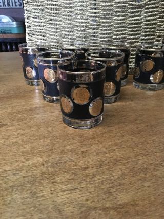 Set Of 7• Vintage Libbey Mid Century Black & Gold Coin Low Ball Glasses