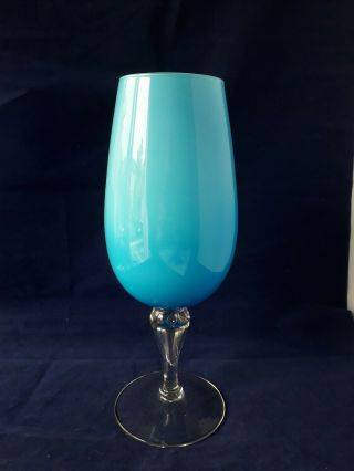 Large Vintage Italian Empoli Blue Glass Teardrop Stem Footed Vase 60s (4c)
