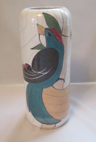 Vtg One - Of - A - Kind Handcrafted Art Pottery Vase W/large Stylized Bird On Bamboo