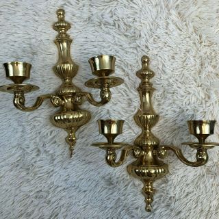 Vintage Set Of 2 Brass Wall Sconces Candle Holders Double Swing Arm Regency