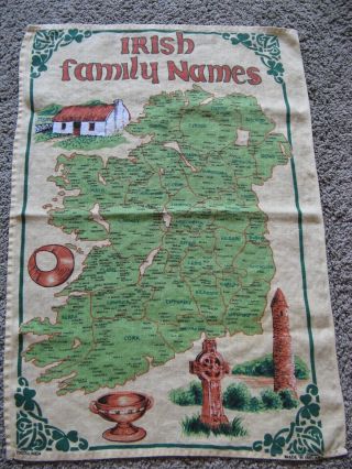 Vintage Linen Irish Family Names Map Of Ireland Tea Towel Dish Towel
