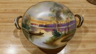 Vintage Hand Painted Nippon Gold Handle Footed Bowl Boat On Water Landscape Tree