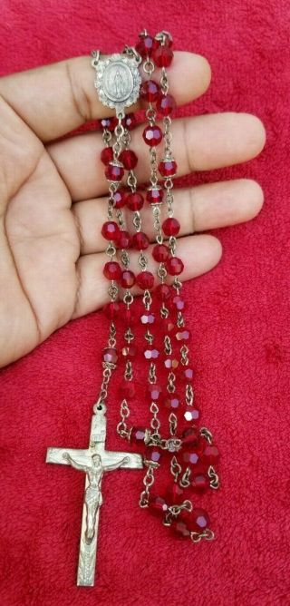 Vintage Sterling Silver 925 Ruby Red Crystal Religious Catholic Rosary