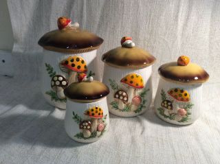 Vintage 4 Pc 1983 Merry Mushroom Canister Set With Lids By Sears & Robucks