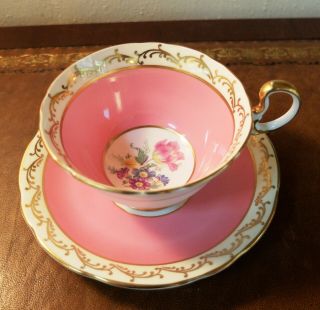 Vintage Aynsley Gold Swirls Lovely Pink Tea Cup Saucer Spring Flowers Center