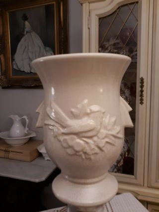 Vintage Mccoy Double Handle Flower Vase Matte White 8.  5 " Art Pottery With Bird
