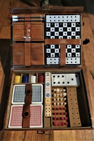 Vtg.  England - Travel Games Compendium - Leather Case - Chess - Dominoes - Poker Dice - Cards