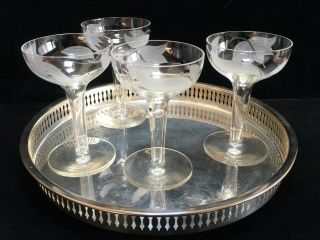 4 Vintage Hollow Stem Champagne Coupes Glasses Hand - Blown Leaf - Etched