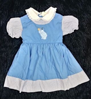 Vtg Sesame Street Little Girls Cookie Monster Blue/white Ruffle Dress Sz 3t Jcp