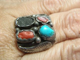 Vintage Indian Navajo Sterling Silver Turquoise Coral Ring Needs Repairs Size 9