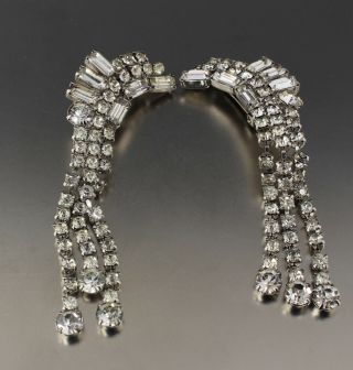 Vintage 50’s Art Deco Long Dangling Crystal Glass Rhinestone Bead Clip Earrings