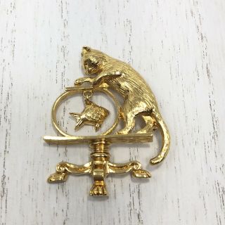 Vintage Signed Avon Gold Tone Cat Dangle Fish In Bowl Brooch Pin