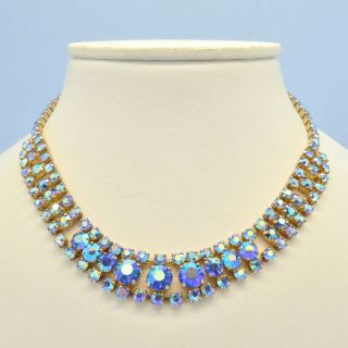 Vintage Necklace 1950s Blue Aurora Borealis Crystal Goldtone Bridal Jewellery