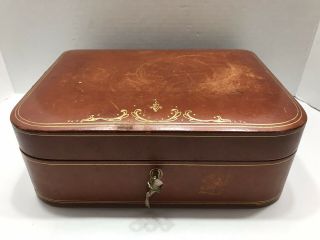 Vintage Leather Jewelry Box W/gold Scroll - Lock & Key - Made In Italy